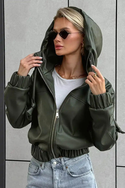 Black Faux Leather Hooded Loose Streetwear Jacket image 1
