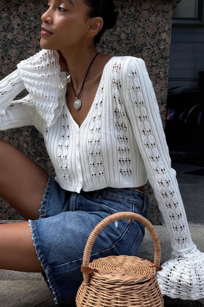 Hollow Out Knit V Neck Long Sleeve Cardigan image 30