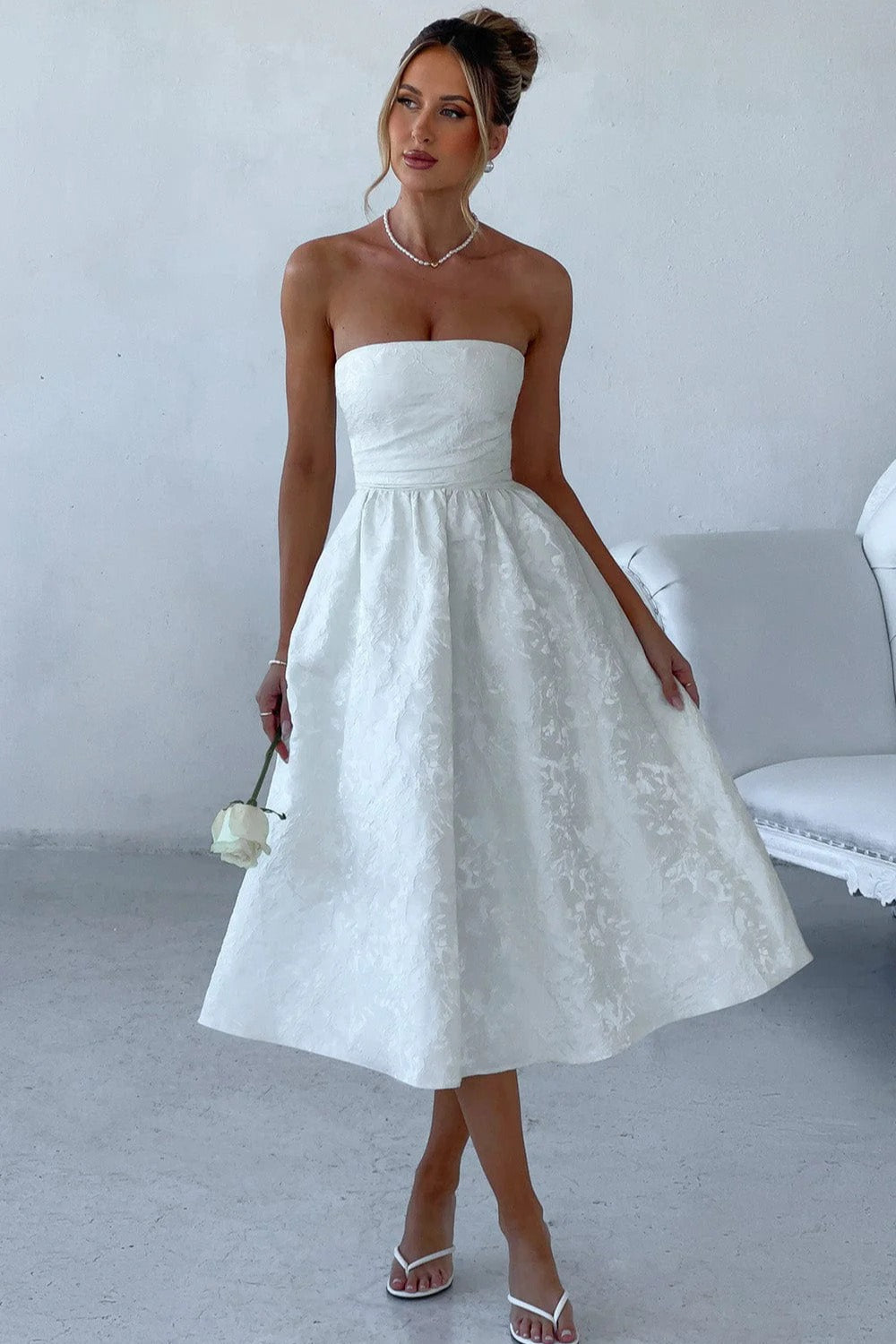 Solid Jacquard Strapless A-Line Party Dress image 10