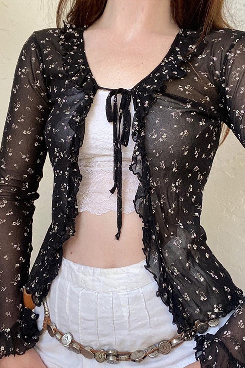 French Vintage Floral Bow Tie Tulle Cardigan Blouse image 1