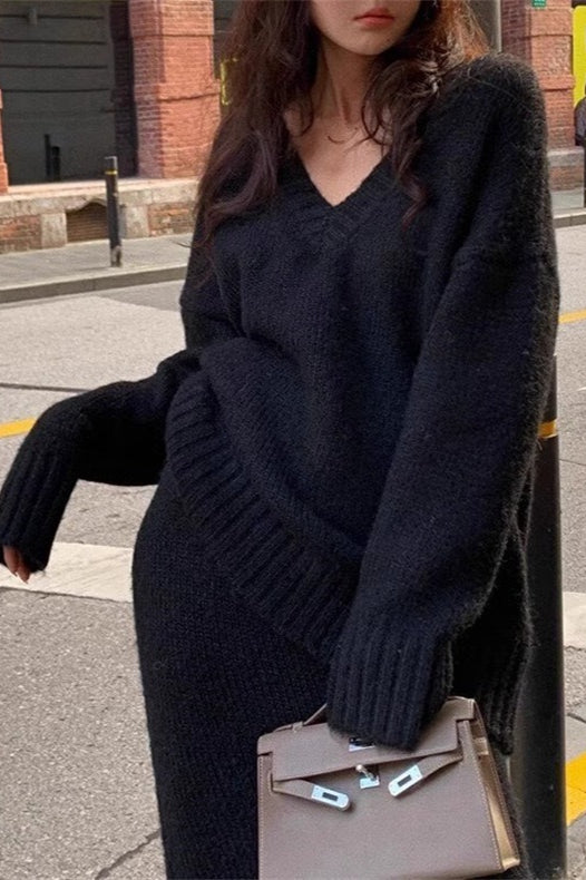 Lazy V-neck Knit Sweater Mermaid Skirt Two Piece Set image 8