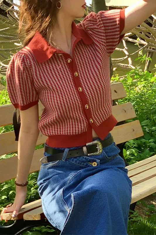 Thin Knit Turn-down Collar Short Sleeve Cardigan image 21