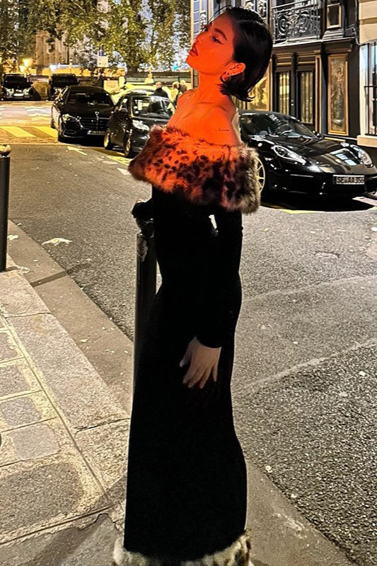 Sexy Off-shoulder Leopard Print Fur Trim Bodycon Maxi Dress image 3