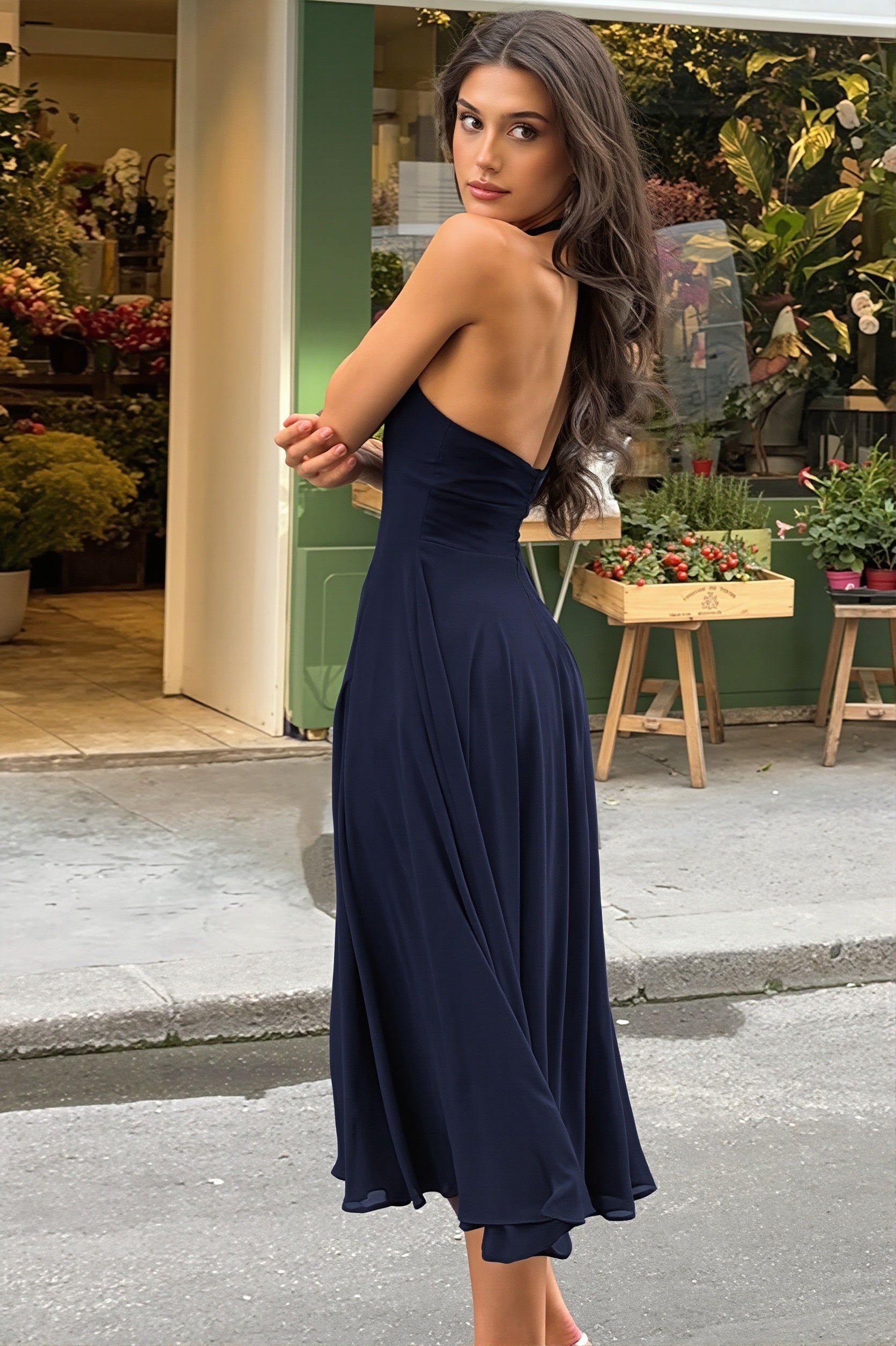 Chic Solid Halter Contrast Backless Slim Maxi Dress image 3