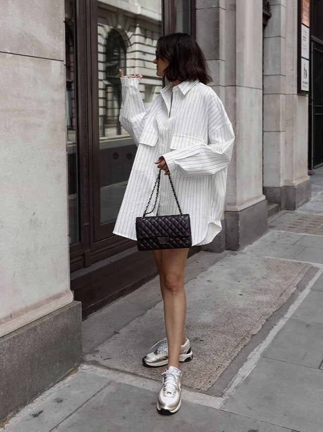 Striped Collared Oversized Shirt Blouse image 5