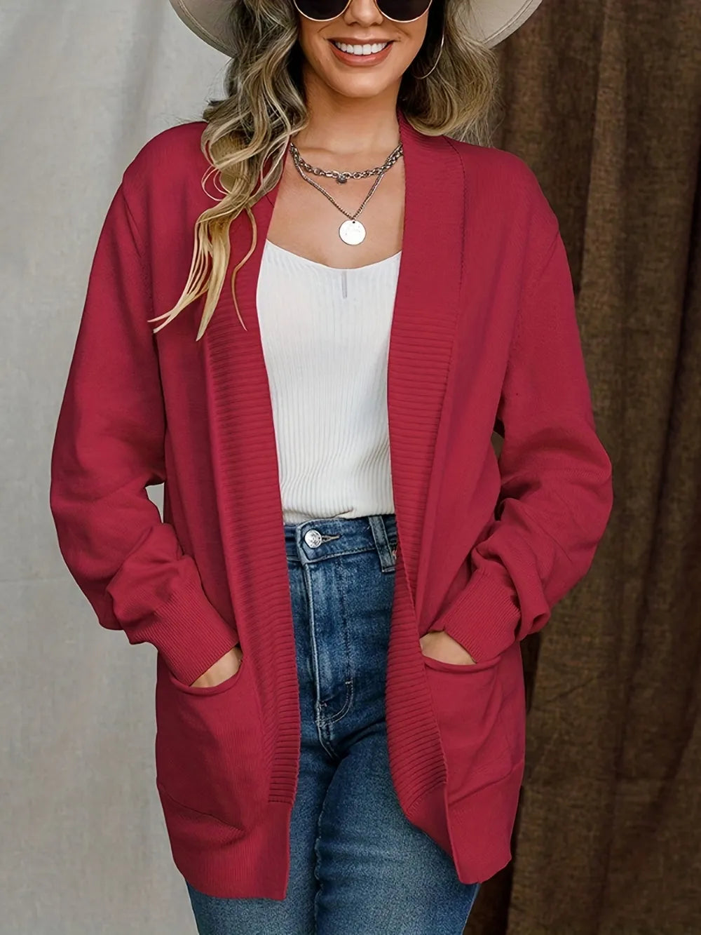 Anya Open Cardigan detail view styled for Avrienne