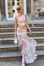 Light Pink Purple Floral One Shoulder Sleeveless Two Piece Set image 2