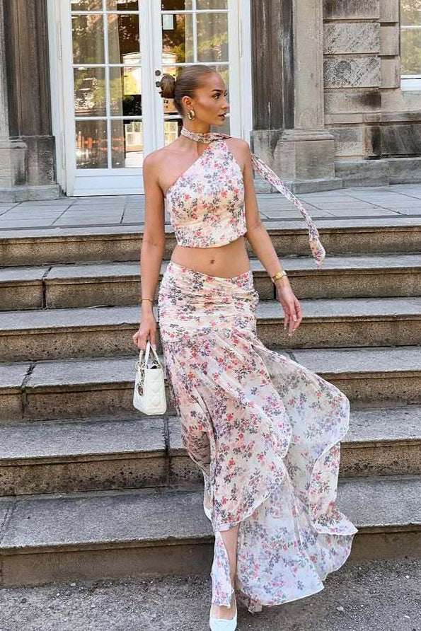 Light Pink Purple Floral One Shoulder Sleeveless Two Piece Set image 2