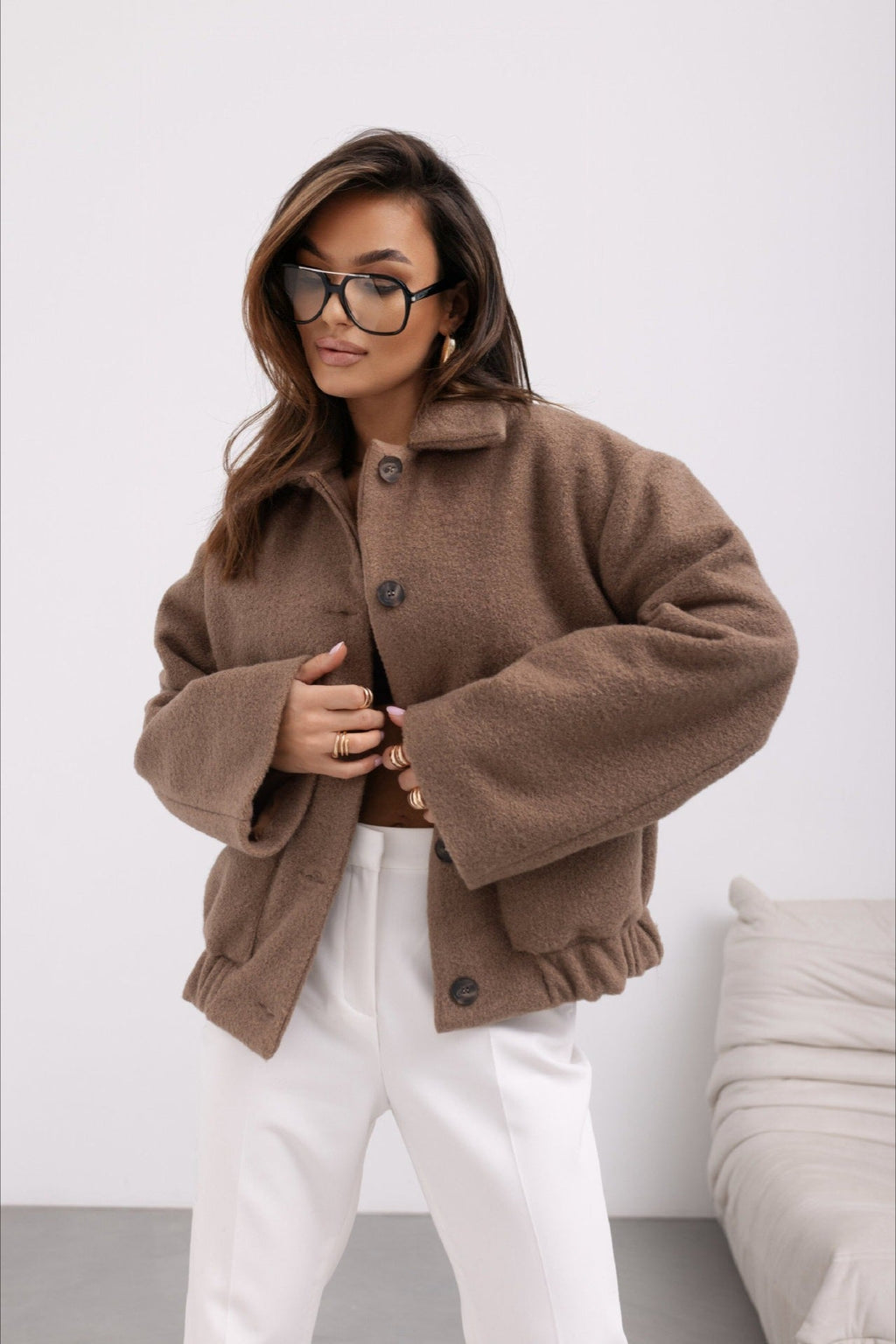 Trendy Solid Wool Pocket Elastic Snap Coat image 2