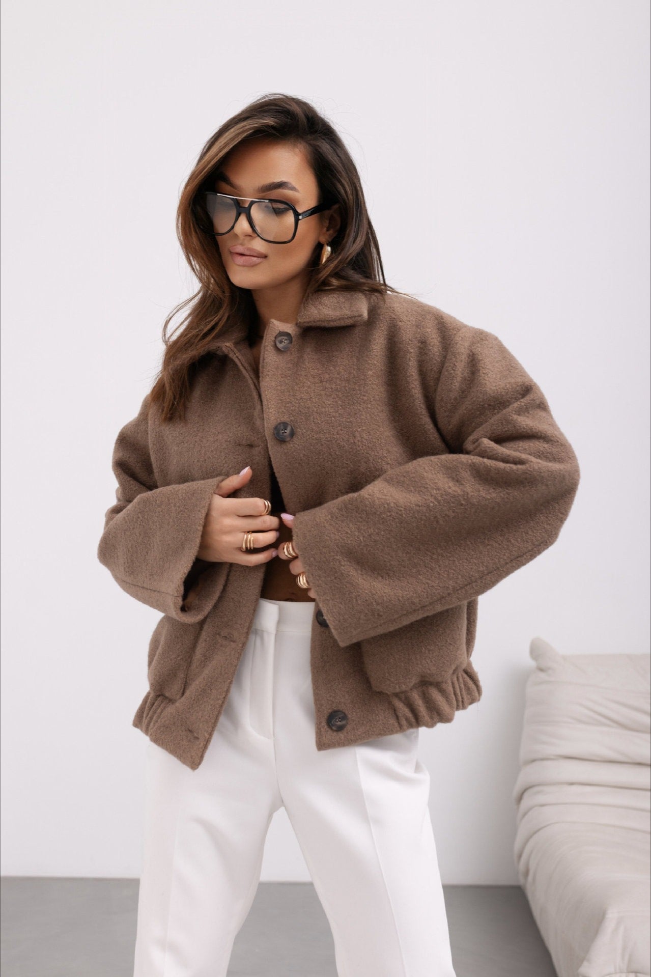 Trendy Solid Wool Pocket Elastic Snap Coat image 2