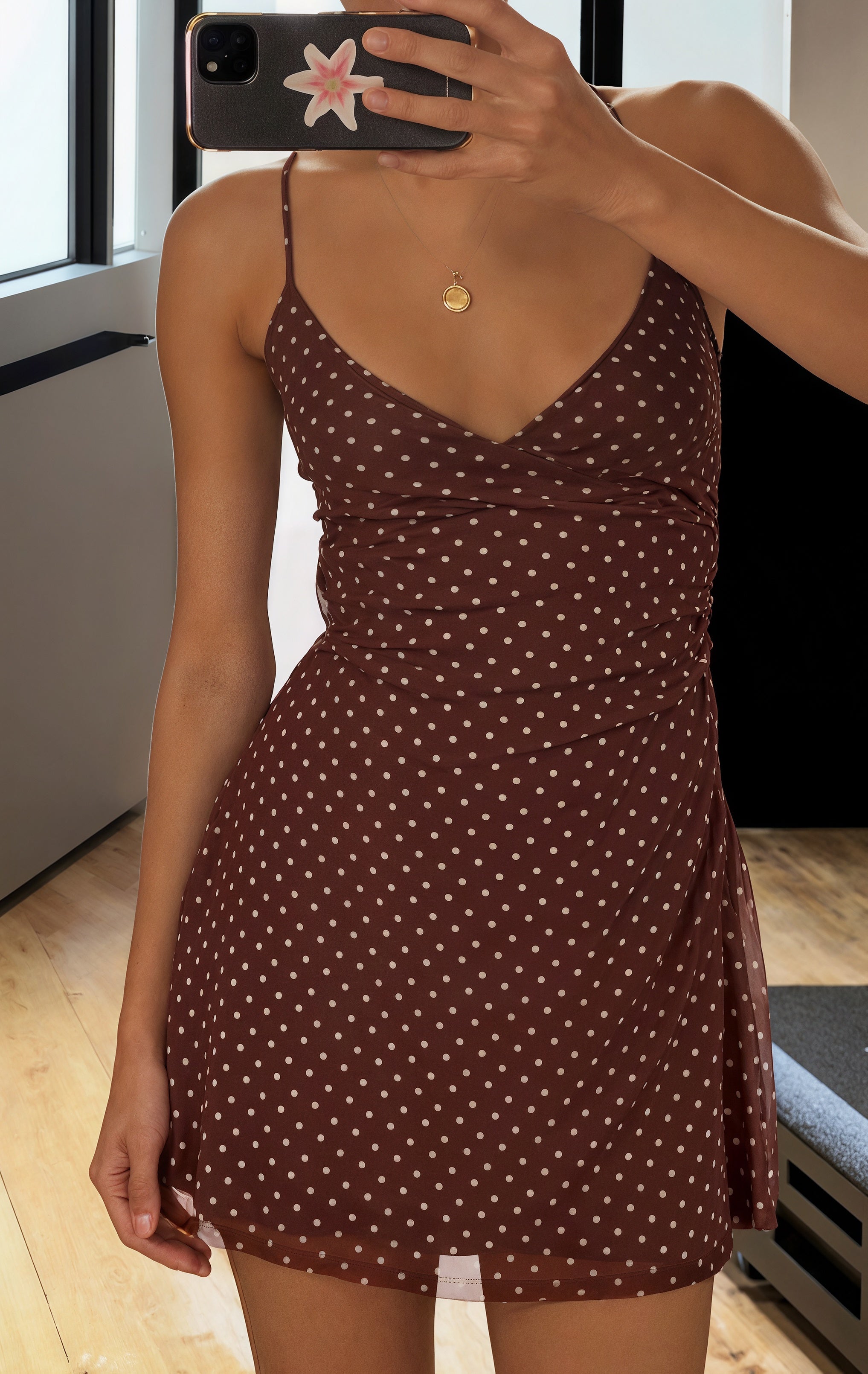 Polka Dot Contrast V Neck A Line Mini Dress image 3