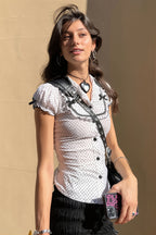 Lapel Button Bow Polka Dot Blouse image 2
