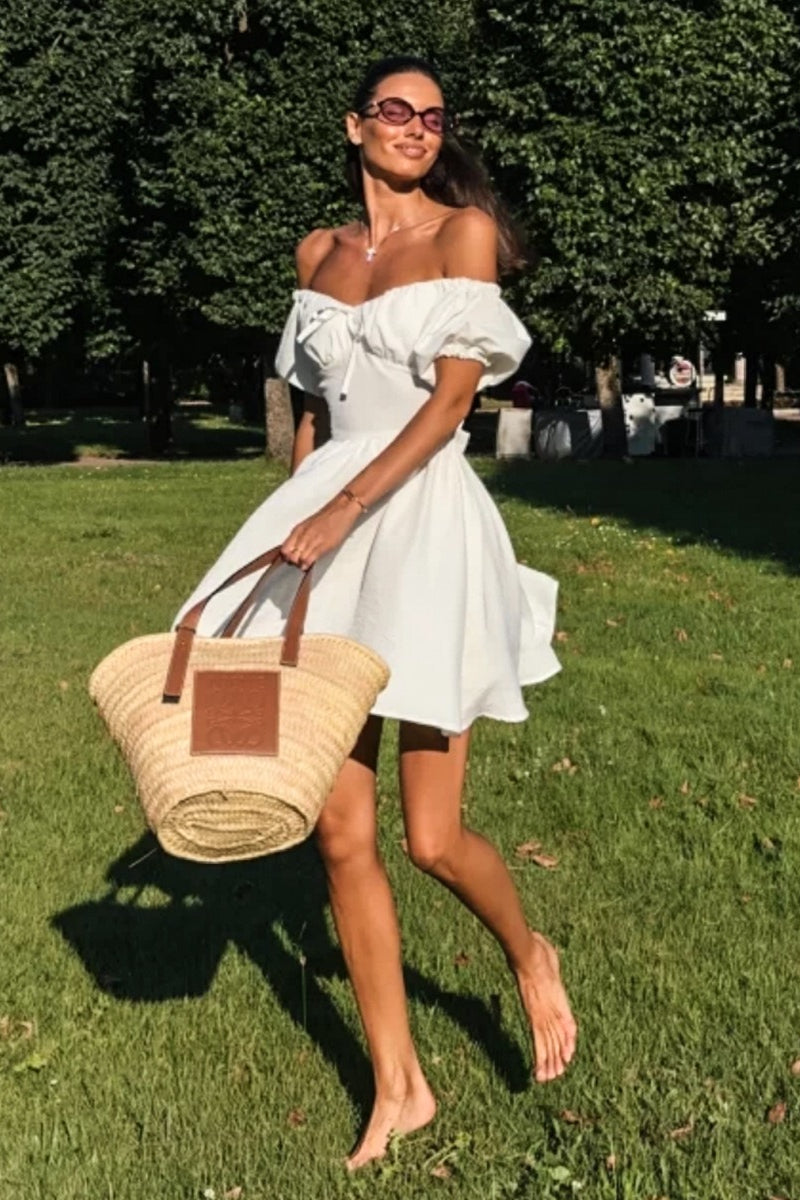 Off Shoulder Puff Sleeve Tie Mini Dress image 4