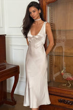 V Neck Backless Satin Lace Trim Waisted Midi Dress image 3