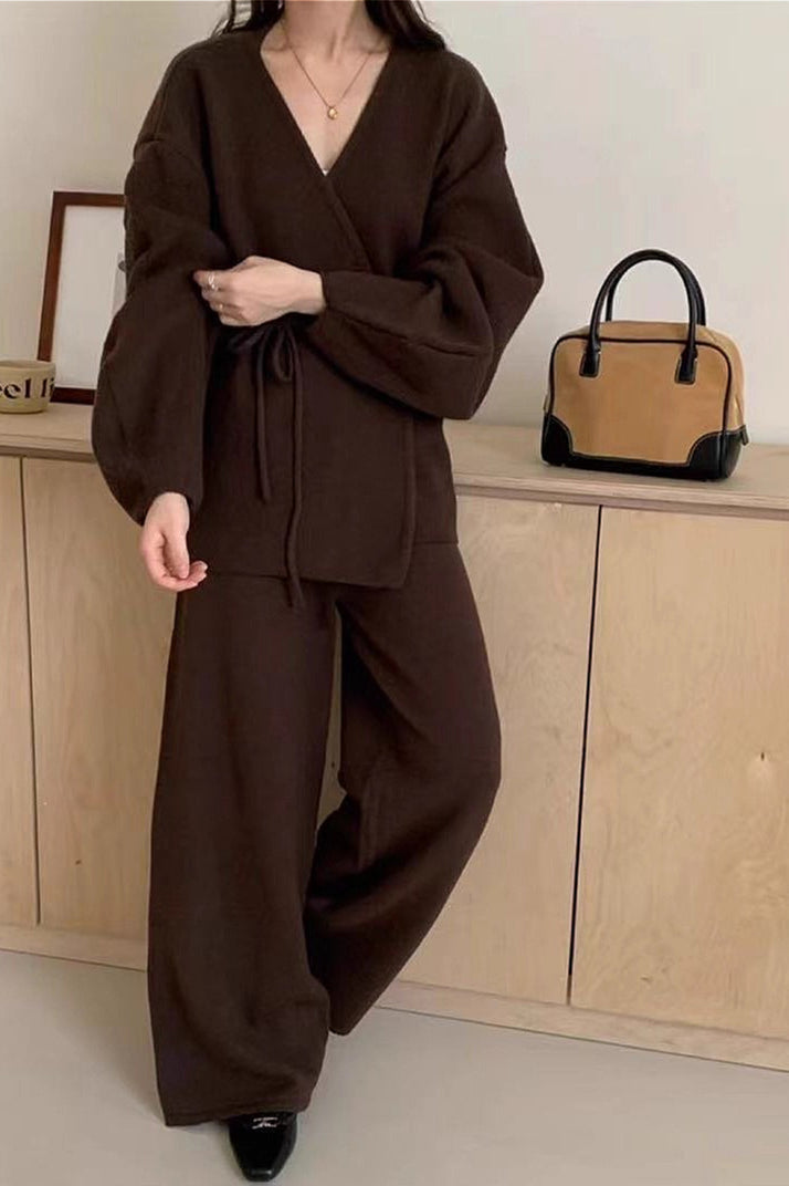 Loose Belted Knit Cardigan Wide-Leg Pants Two Piece Set image 1