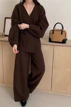 Loose Belted Knit Cardigan Wide-Leg Pants Two Piece Set image 1
