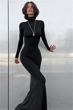 Solid Color High Neck Long Sleeve Maxi Dress image 1