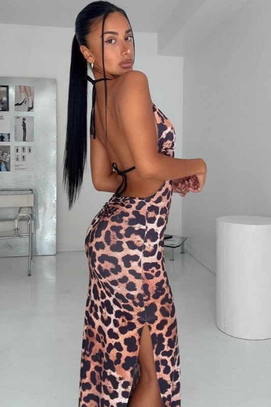 Sexy Leopard High Waist Backless Maxi Dress image 4