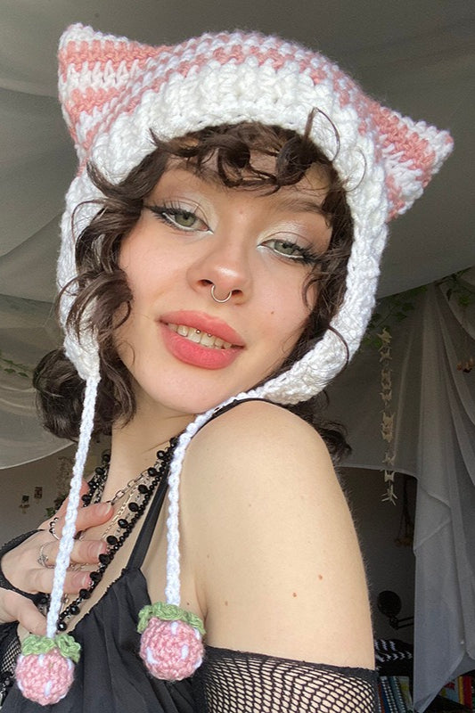 Fox Ears Color Block Striped Pom Pom Knitted Hat image 4