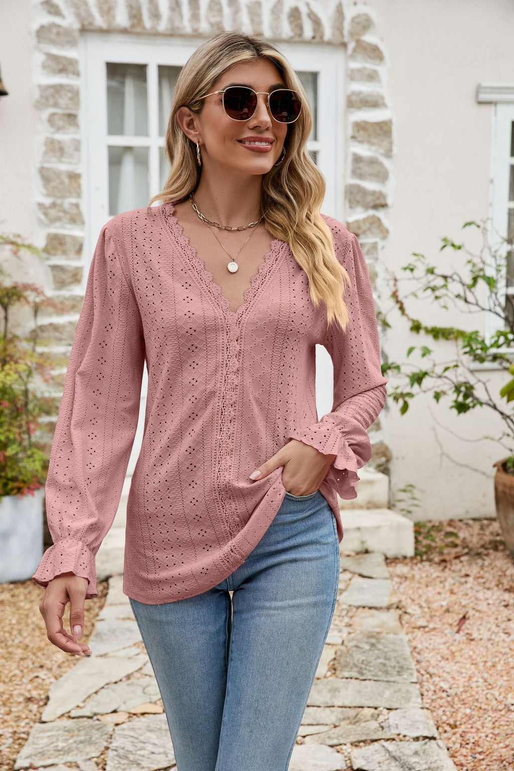 Lisette Eyelet Blouse detail view styled for Avrienne