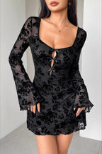 Flocked Floral Cutout Bow Long Sleeve Mini Dress image 3