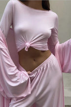 Solid Knit Flowly Long Sleeve Robe Three Piece Set image 10