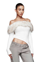 Fuzzy Long Sleeve Off Shoulder Asymmetric Long Sleeve Tee image 3