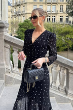 V Neck Waist Long Sleeve High Slit Polka Dot Midi Dress image 3