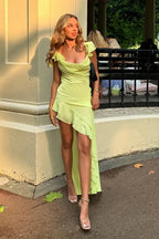 Satin Cowl Neck Ruffled Slit Maxi Dress image 1