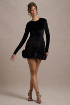 Luxe Velvet Crew Neck Pleated Long Sleeve Mini Dress image 8