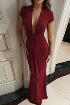 Chic Solid Deep V Short Sleeve Tie Waist Slim Maxi Dress image 8