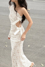 Lace Bowknot Hollow One-Shoulder Long Sleeve Maxi Dress image 3