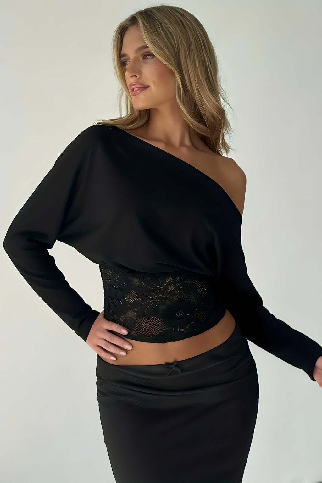 Lace Splice Off Shoulder Bat Sleeve Blouse image 6