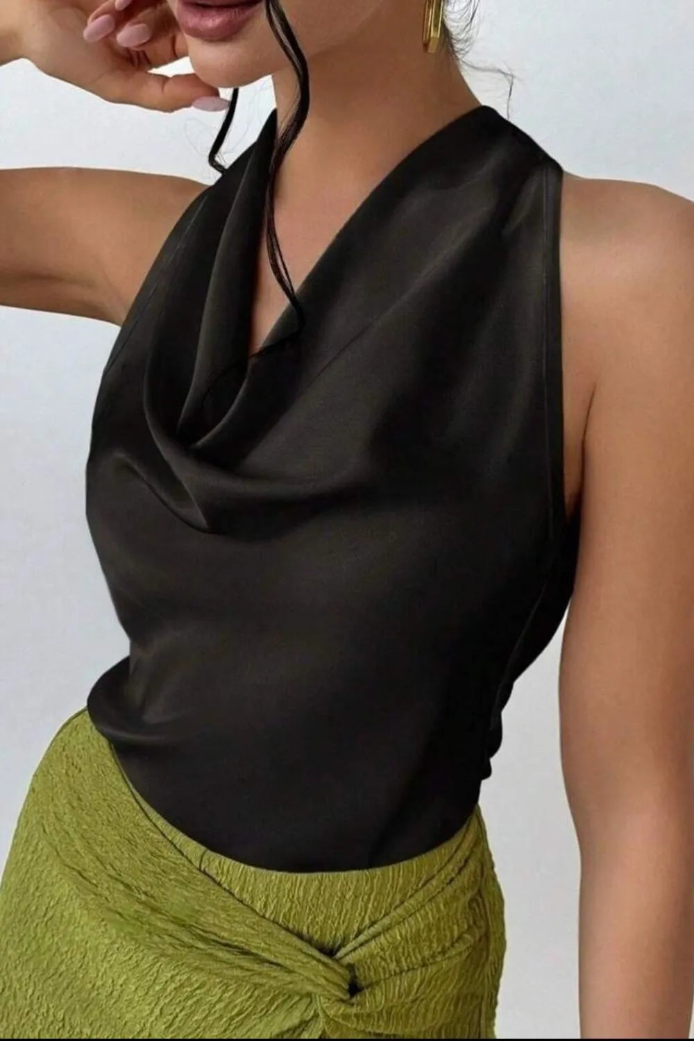 Cassia Satin Blouse detail view styled for Avrienne