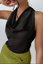 Cassia Satin Blouse detail view styled for Avrienne