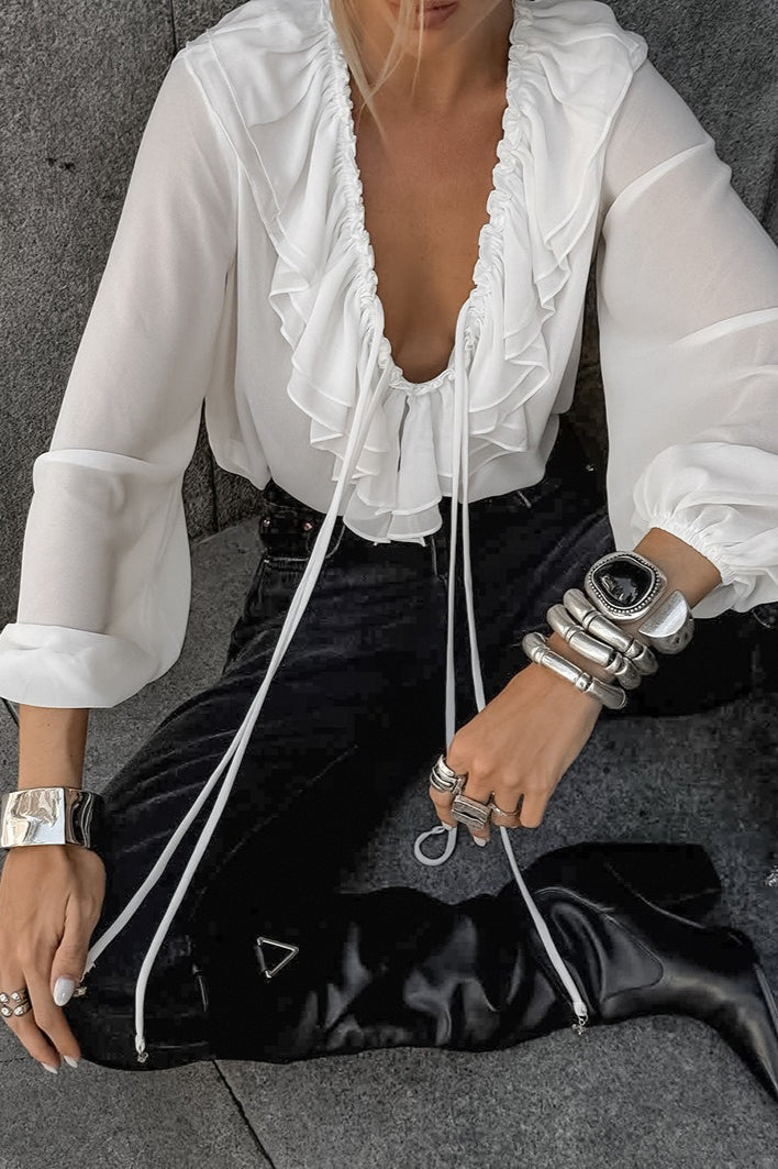 White Ruffled V Neck Lantern Sleeve Blouse image 4
