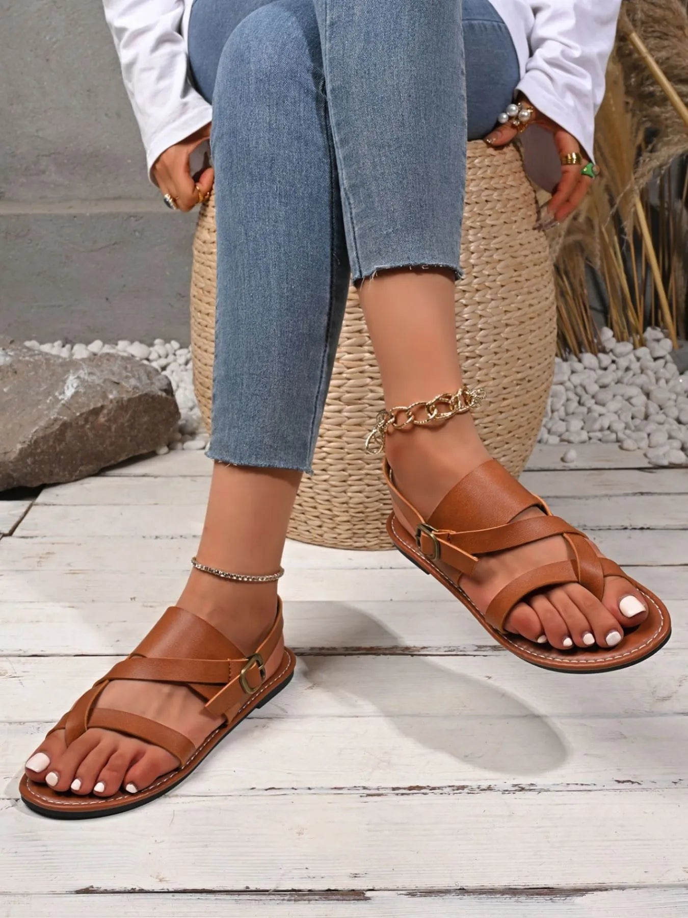 Lucia Buckle Sandals detail view styled for Avrienne