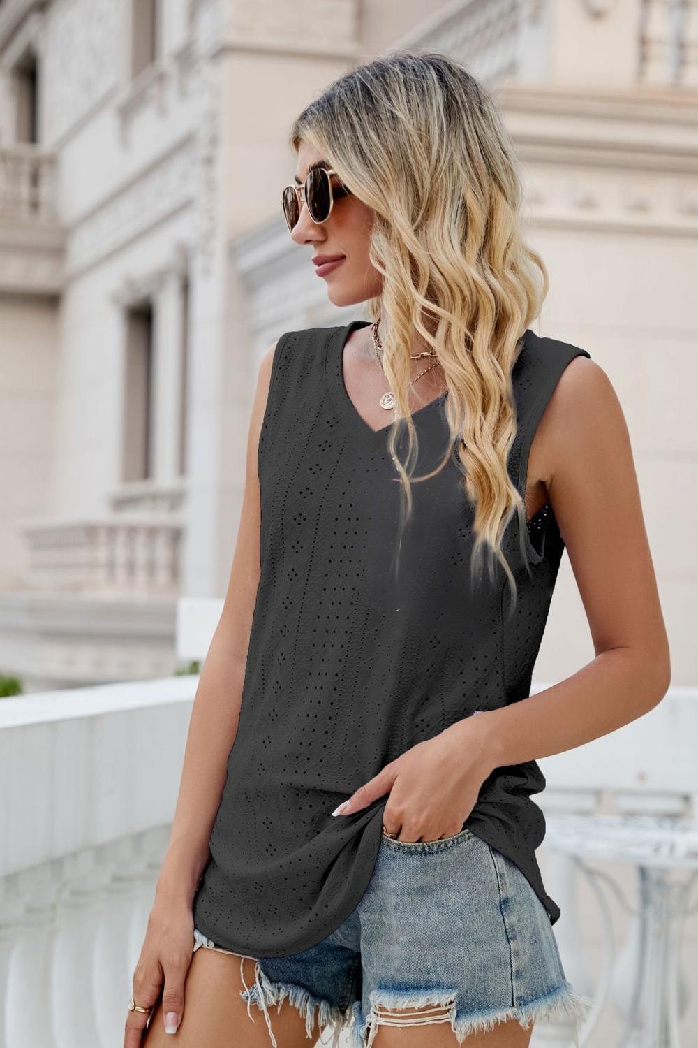 Gia Eyelet Tank detail view styled for Avrienne