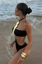 Sexy Black Lace Up Bikini Backless Bikini One Piece Swimwear image 4