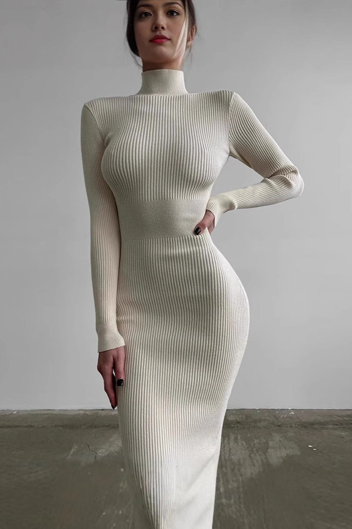 Semi-High Neck Slim Fitted Knit Sweater Dress image 1