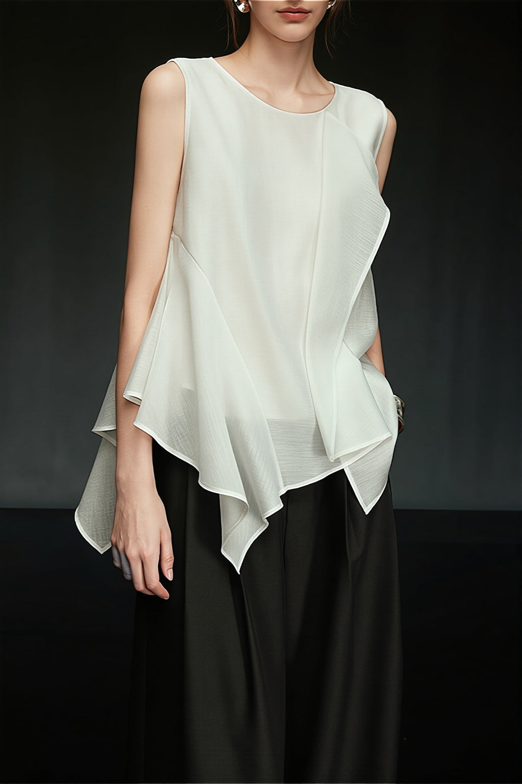 White Irregular Ruffle Sleeveless Blouse image 1