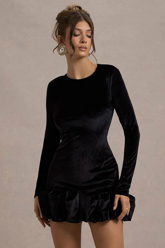 Luxe Velvet Crew Neck Pleated Long Sleeve Mini Dress image 6