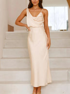 Willa Satin Dress detail view styled for Avrienne