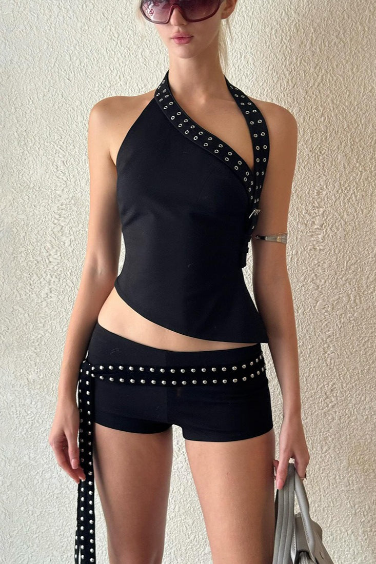 Chic Asymmetric Shoulder Slim Shorts Two Piece Set image 1