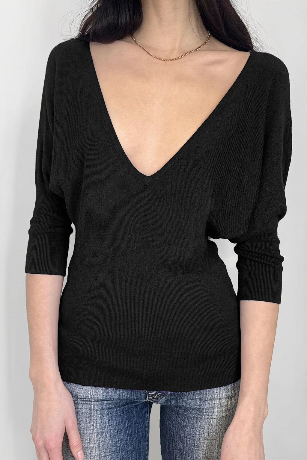 Black V Neck Slim Basic Blouse image 2