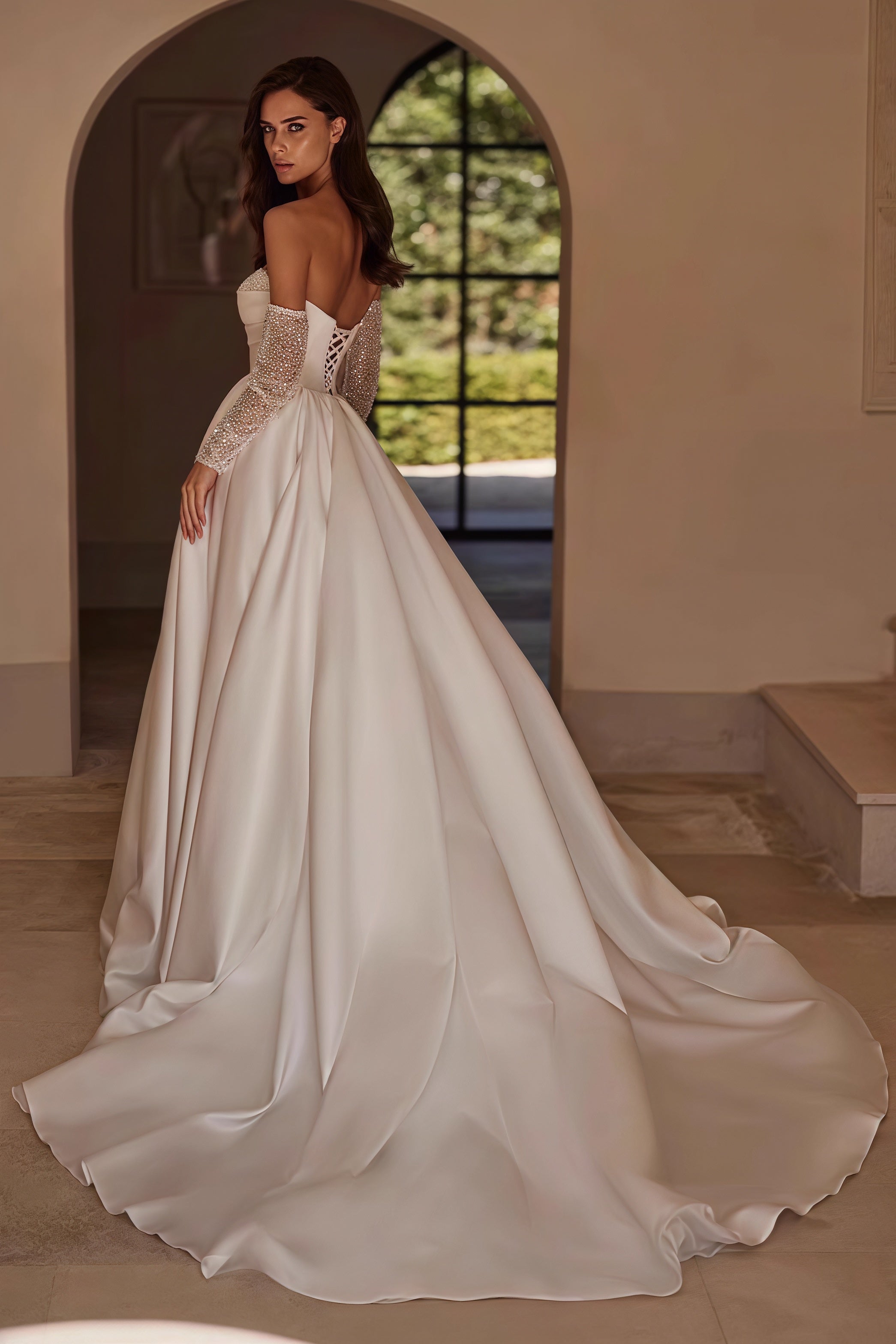 Strapless Beaded High Slit Satin Train Wedding Dress image 2
