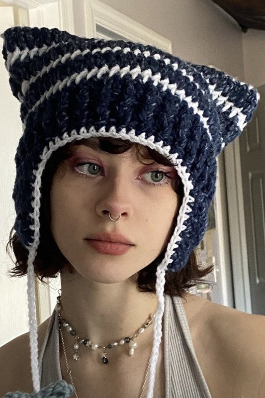 Fox Ears Color Block Striped Pom Pom Knitted Hat image 5