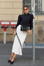 Vintage Satin Lace High-Waist A-Line Midi Skirt image 1