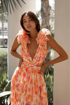 Ruffle Trim Deep V Floral Dress image 2