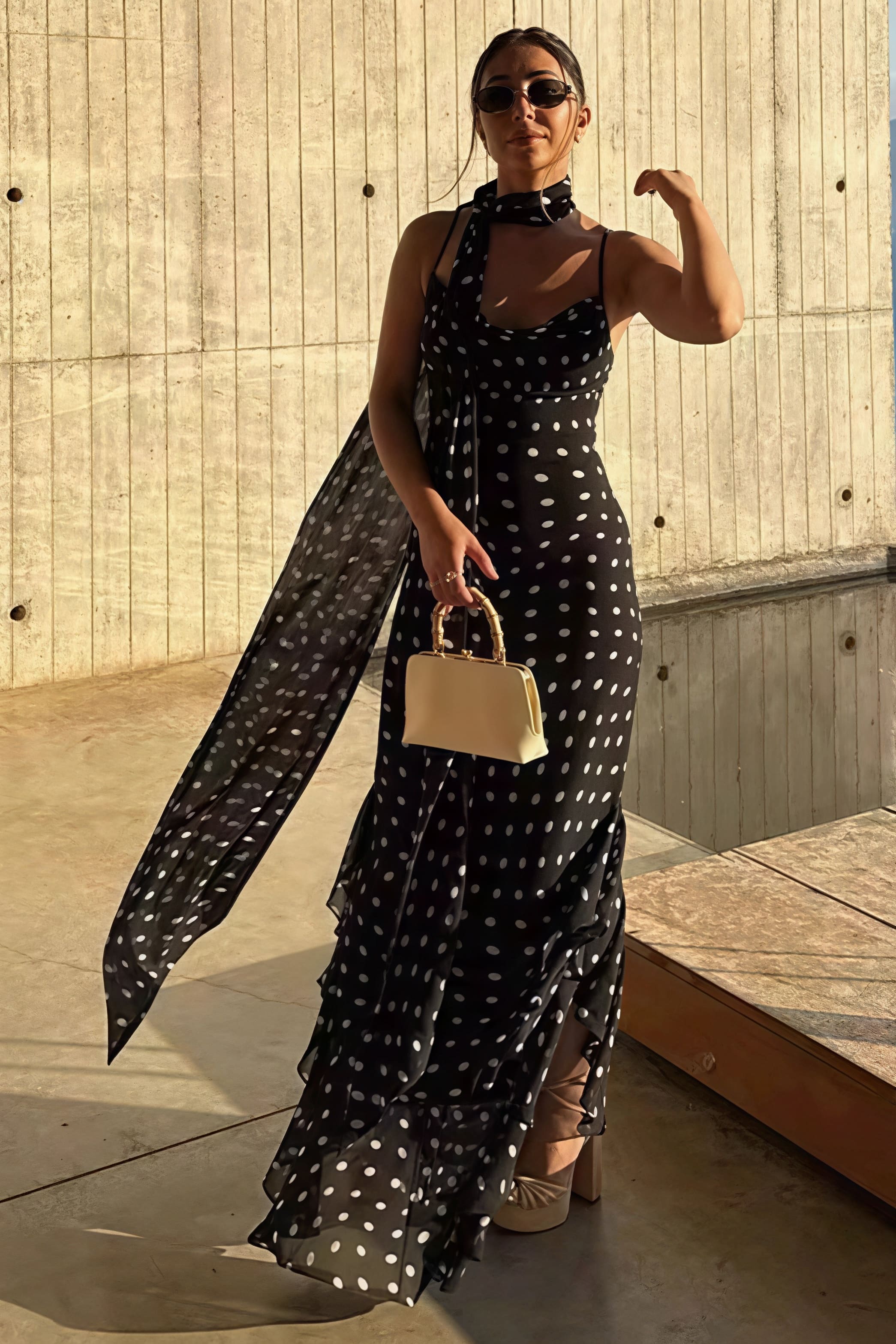 Polka Dot Ruffled Scarf Decor Maxi Dress image 1